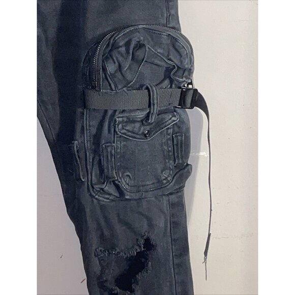 Cote De Nuits Mens Jeans 34x33 Black Cargo Large Pockets Military Distressed - Picture 4 of 12